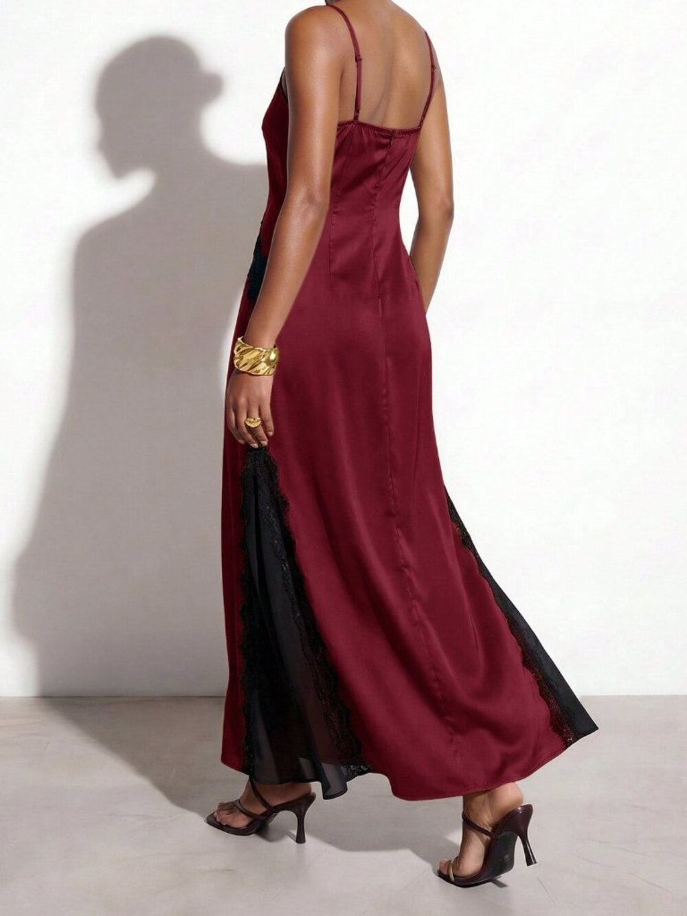 Burgundy Casual Women's Lace Patchwork Party Long Cami Dress - Picture 2 of 7